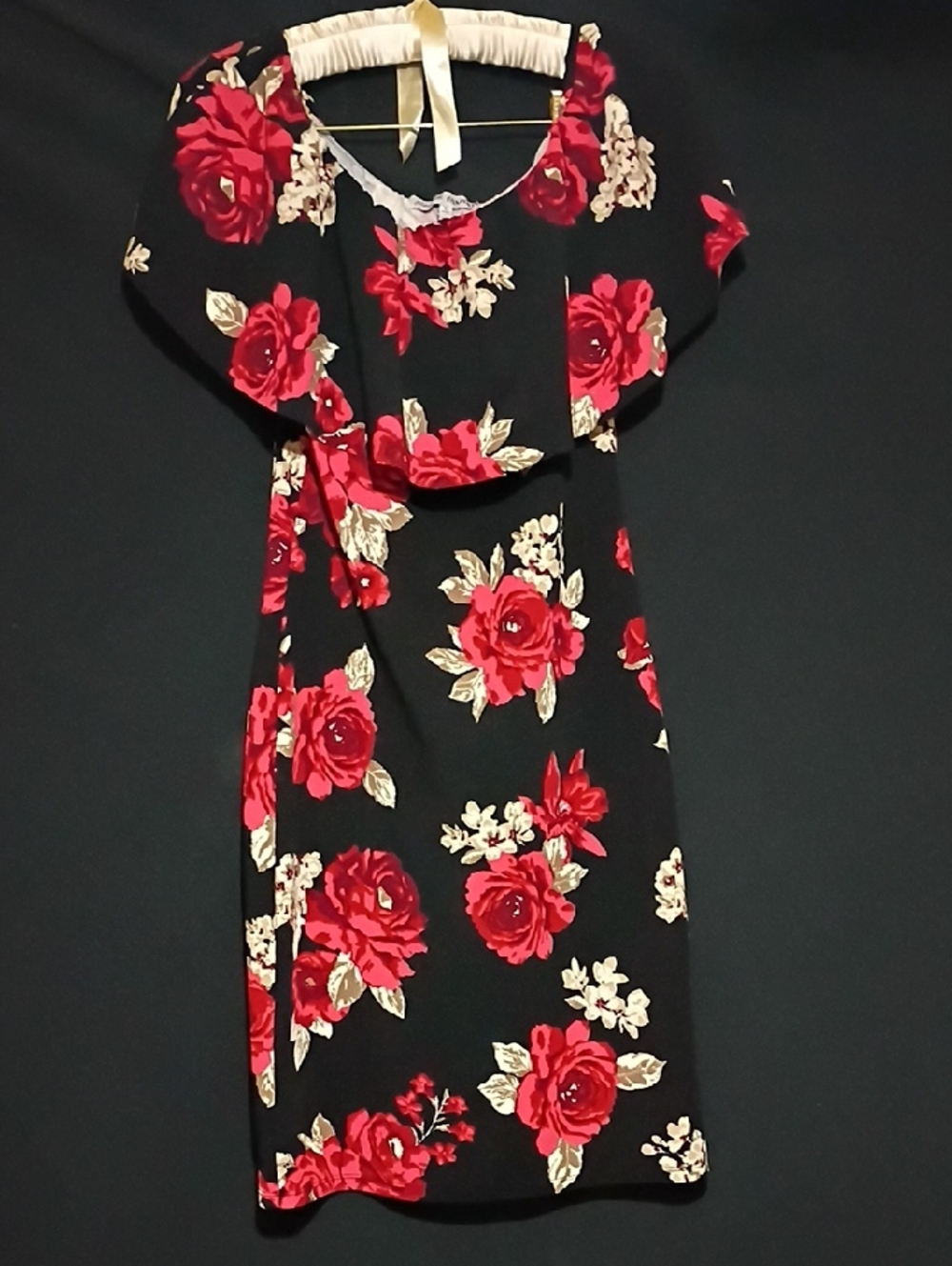 Almost Famous Black Midi Dress with Red Rose Print